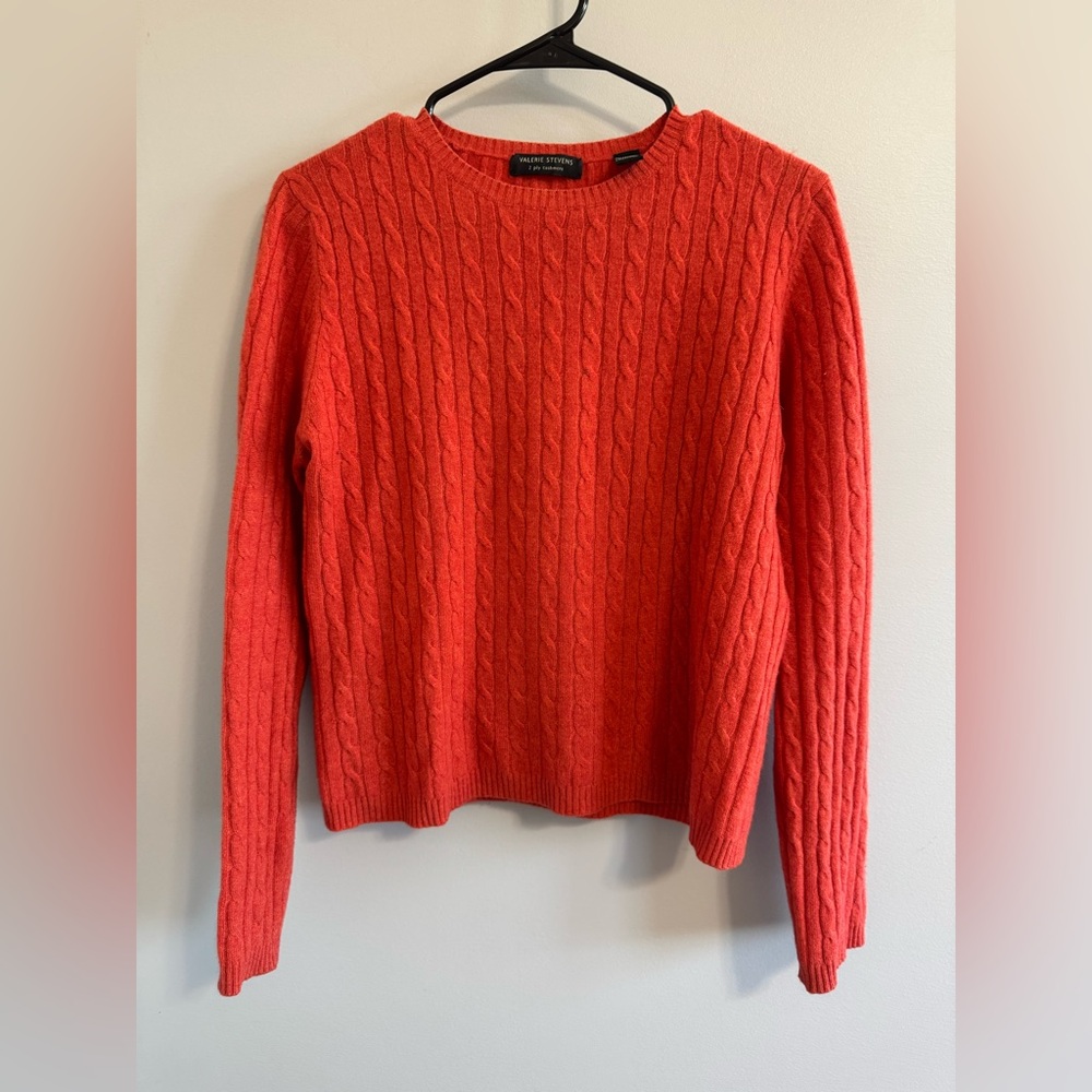 Valerie Stevens Cable Knit Cashmere Sweater in Orange. Size Medium